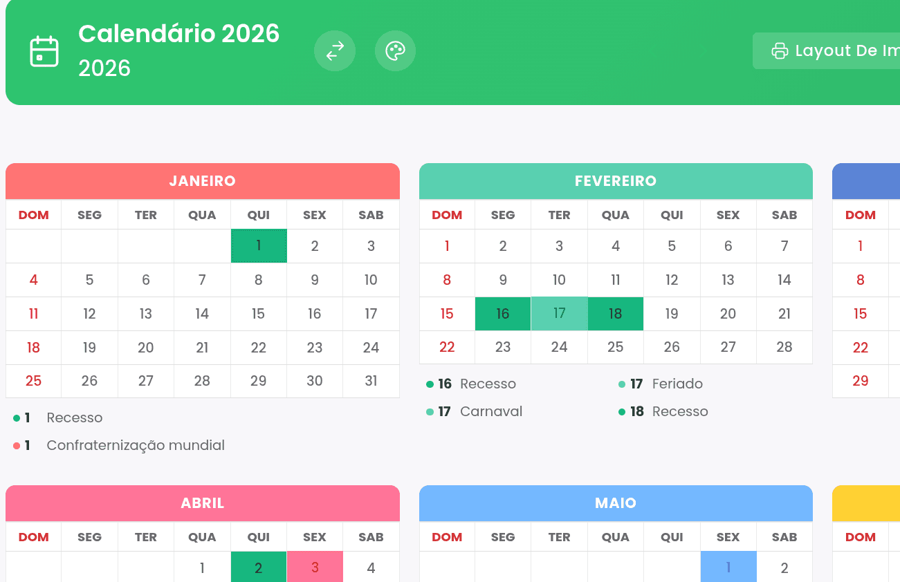Tela do calendário acadêmico da plataforma Cloki